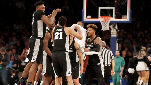 NEW YORK, NY - MARCH 09: The Providence Friars celebrate the 75-72 overtime win over the Xavier Musketeers during semifinals of the Big East Basketball Tournament at Madison Square Garden on March 9, 2018 in New York City.