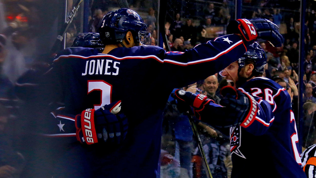 COLUMBUS, OH - MARCH 9: Seth Jones #3 of the Columbus Blue Jackets is congratulated by Boone Jenner #38 of the Columbus Blue Jackets and Thomas Vanek #26 of the Columbus Blue Jackets after scoring a goal during the second period of the game against the Detroit Red Wings on March 9, 2018 at Nationwide Arena in Columbus, Ohio.