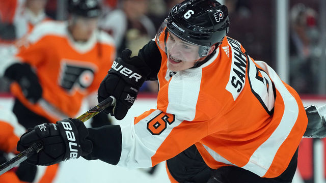 PHILADELPHIA, PA - NOVEMBER 04: Travis Sanheim #6 of the Philadelphia Flyers skates in warm-ups prior to the game against the Colorado Avalanche at the Wells Fargo Center on November 4, 2017 in Philadelphia, Pennsylvania.