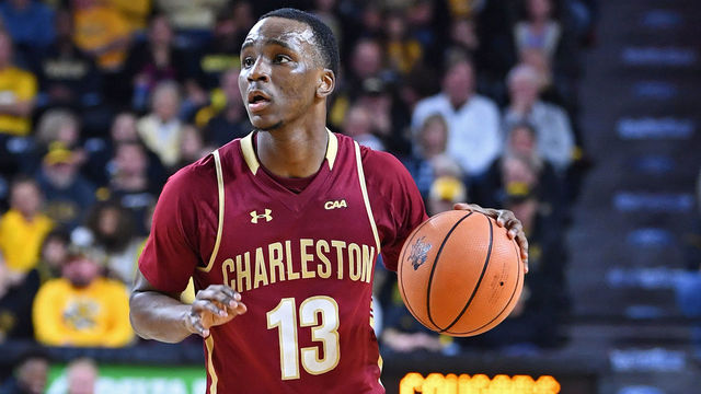 WICHITA, KS - NOVEMBER 13: Guard Joe Chealey #13 of the College of Charleston Cougars dribbles the ball up court against the Wichita State Shockers during the second half on November 13, 2017 at Charles Koch Arena in Wichita, Kansas.