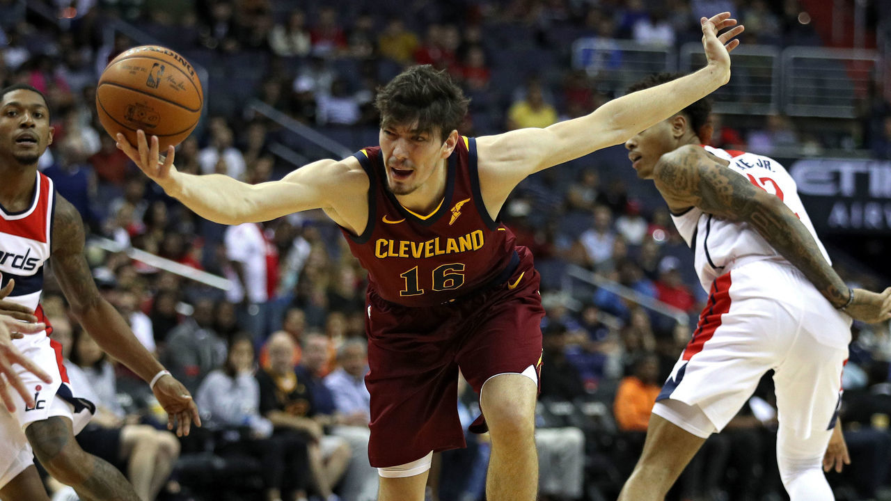WASHINGTON, DC - OCTOBER 08: Cedi Osman #16 of the Cleveland Cavaliers looses control of the ball against the Washington Wizards in the first half during a preseason game at Capital One Arena on October 8, 2017 in Washington, DC.