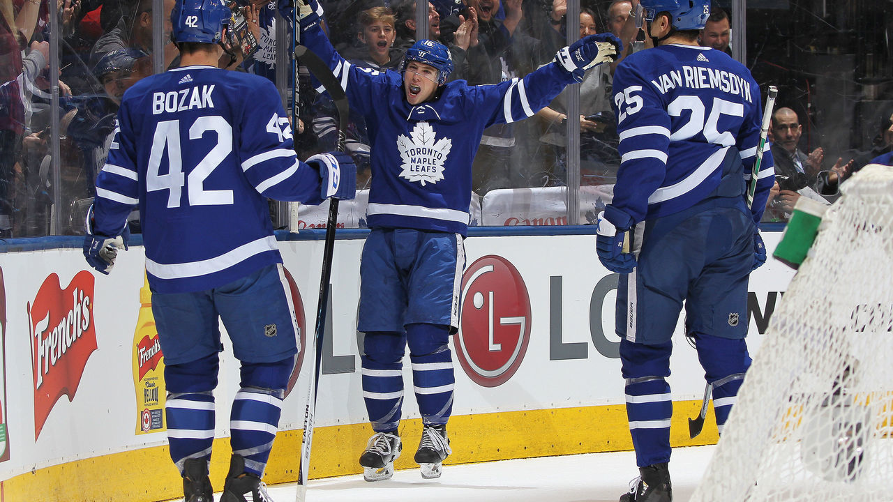 TORONTO, ON - MARCH 10: Mitchell Marner #16 of the Toronto Maple Leafs celebrates his goal against the Pittsburgh Penguins during an NHL game at the Air Canada Centre on March 10, 2018 in Toronto, Ontario, Canada.