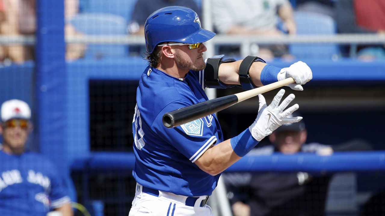 DUNEDIN, FL - FEBRUARY 27: Josh Donaldson #20 of the Toronto Blue Jays checks his swing while batting in the third inning of a Grapefruit League spring training game against the New York Yankees at Florida Auto Exchange Stadium on February 27, 2018 in Dunedin, Florida. The Yankees won 9-8.