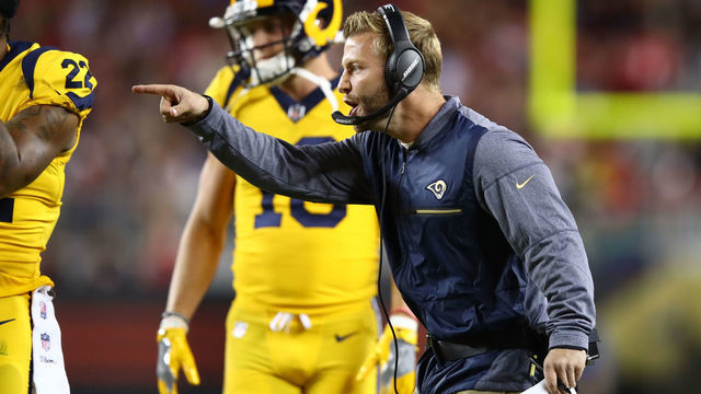 SANTA CLARA, CA - SEPTEMBER 21: Head coach Sean McVay of the Los Angeles Rams reacts to a play against the San Francisco 49ers during their NFL game at Levi's Stadium on September 21, 2017 in Santa Clara, California.