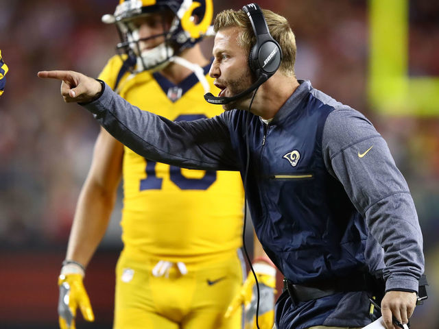 SANTA CLARA, CA - SEPTEMBER 21: Head coach Sean McVay of the Los Angeles Rams reacts to a play against the San Francisco 49ers during their NFL game at Levi's Stadium on September 21, 2017 in Santa Clara, California.