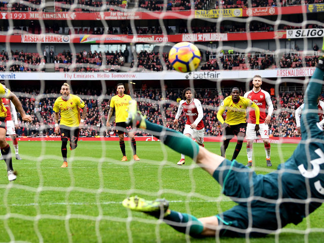 LONDON, ENGLAND - MARCH 11: Troy Deeney of Watford sees his penalty saved by Petr Cech of Arsenal during the Premier League match between Arsenal and Watford at Emirates Stadium on March 11, 2018 in London, England.
