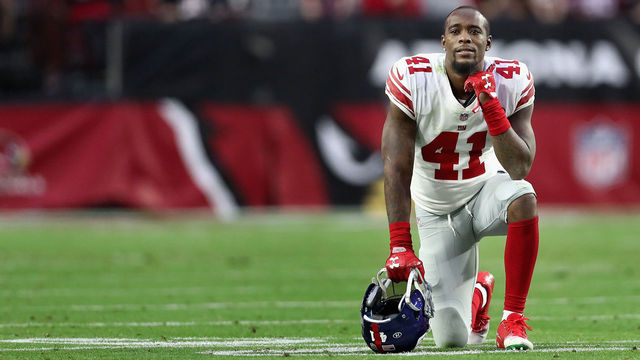 GLENDALE, AZ - DECEMBER 24: Cornerback Dominique Rodgers-Cromartie #41 of the New York Giants knels on the field during the second half of the NFL game against the Arizona Cardinals at the University of Phoenix Stadium on December 24, 2017 in Glendale, Arizona. The Cardinals defeated the Giants 23-0.