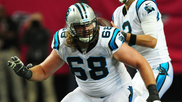 ATLANTA, GA - OCTOBER 2: Andrew Norwell #68 of the Carolina Panthers blocks against the Atlanta Falcons at the Georgia Dome on October 2, 2016 in Atlanta, Georgia.