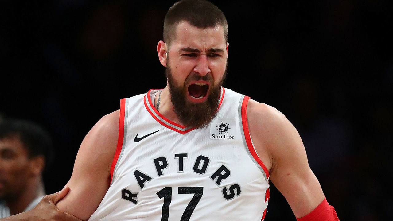 NEW YORK, NY - JANUARY 08: Jonas Valanciunas #17 of the Toronto Raptors celebrates scoring against the Brooklyn Nets during their game at Barclays Center on January 8, 2018 in New York City.