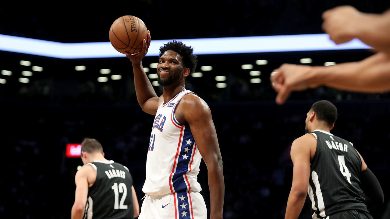 NEW YORK, NY - JANUARY 31: Joel Embiid #21 of the Philadelphia 76ers reacts in frustration to a call in the third quarter against the Brooklyn Nets during their game at Barclays Center on January 31, 2018 in the Brooklyn borough of New York City.