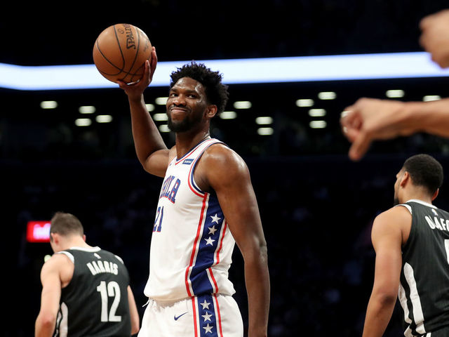 NEW YORK, NY - JANUARY 31: Joel Embiid #21 of the Philadelphia 76ers reacts in frustration to a call in the third quarter against the Brooklyn Nets during their game at Barclays Center on January 31, 2018 in the Brooklyn borough of New York City.