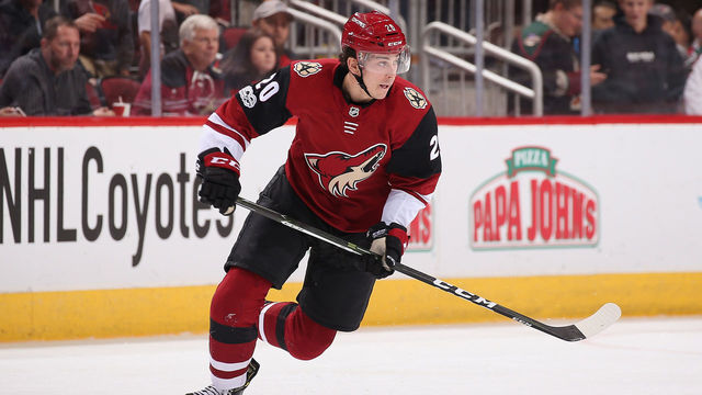 GLENDALE, AZ - DECEMBER 02: Dylan Strome #20 of the Arizona Coyotes in action during the third period of the NHL game against the New Jersey Devils at Gila River Arena on December 2, 2017 in Glendale, Arizona. The Coyotes defeated the Devils 5-0.