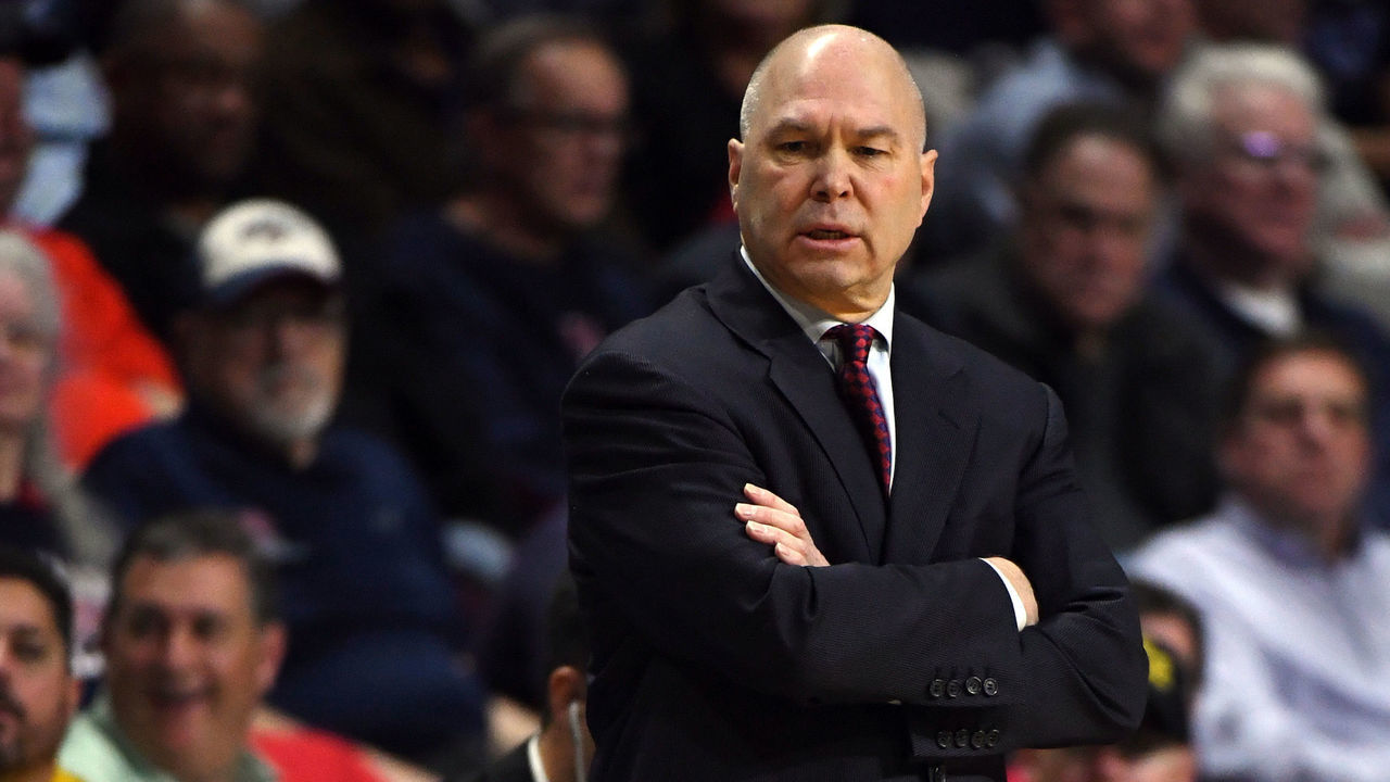 LAS VEGAS, NV - MARCH 05: Head coach Randy Bennett of the Saint Mary's Gaels looks on during a semifinal game of the West Coast Conference basketball tournament against the Brigham Young Cougars at the Orleans Arena on March 5, 2018 in Las Vegas, Nevada. The Cougars won 85-72.