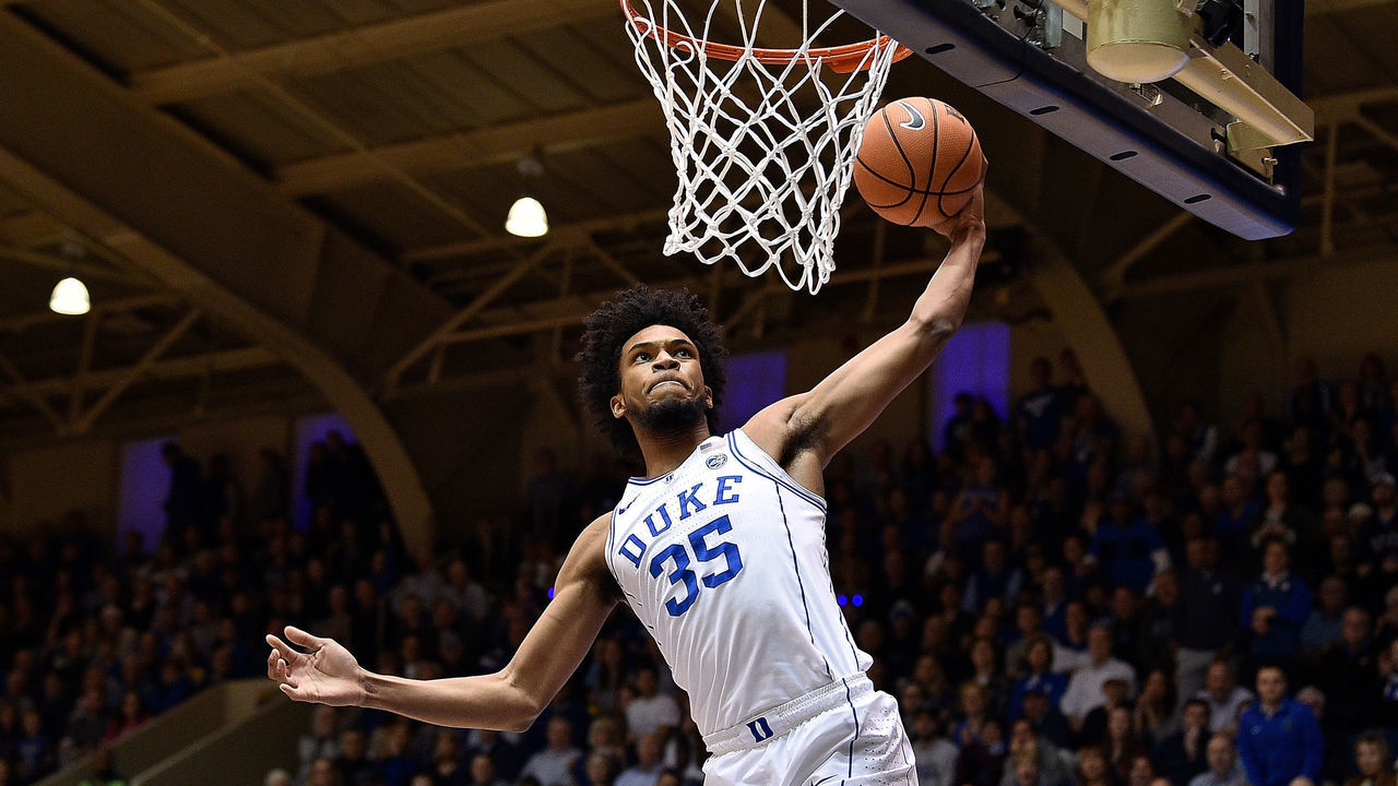 DURHAM, NC - JANUARY 13: Marvin Bagley III #35 of the Duke Blue Devils dunks against the Wake Forest Demon Deacons during their game at Cameron Indoor Stadium on January 13, 2018 in Durham, North Carolina.