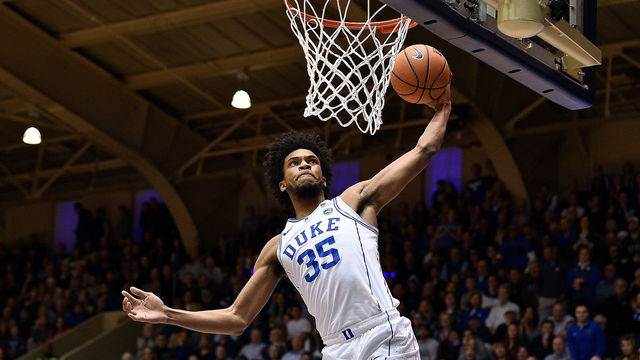 DURHAM, NC - JANUARY 13: Marvin Bagley III #35 of the Duke Blue Devils dunks against the Wake Forest Demon Deacons during their game at Cameron Indoor Stadium on January 13, 2018 in Durham, North Carolina.