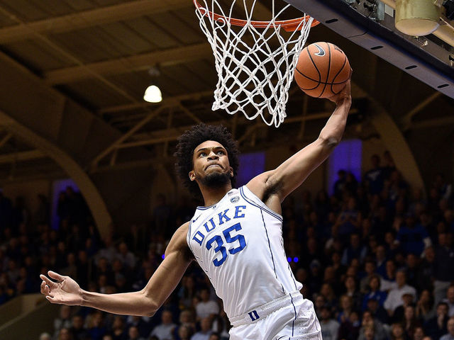 DURHAM, NC - JANUARY 13: Marvin Bagley III #35 of the Duke Blue Devils dunks against the Wake Forest Demon Deacons during their game at Cameron Indoor Stadium on January 13, 2018 in Durham, North Carolina.