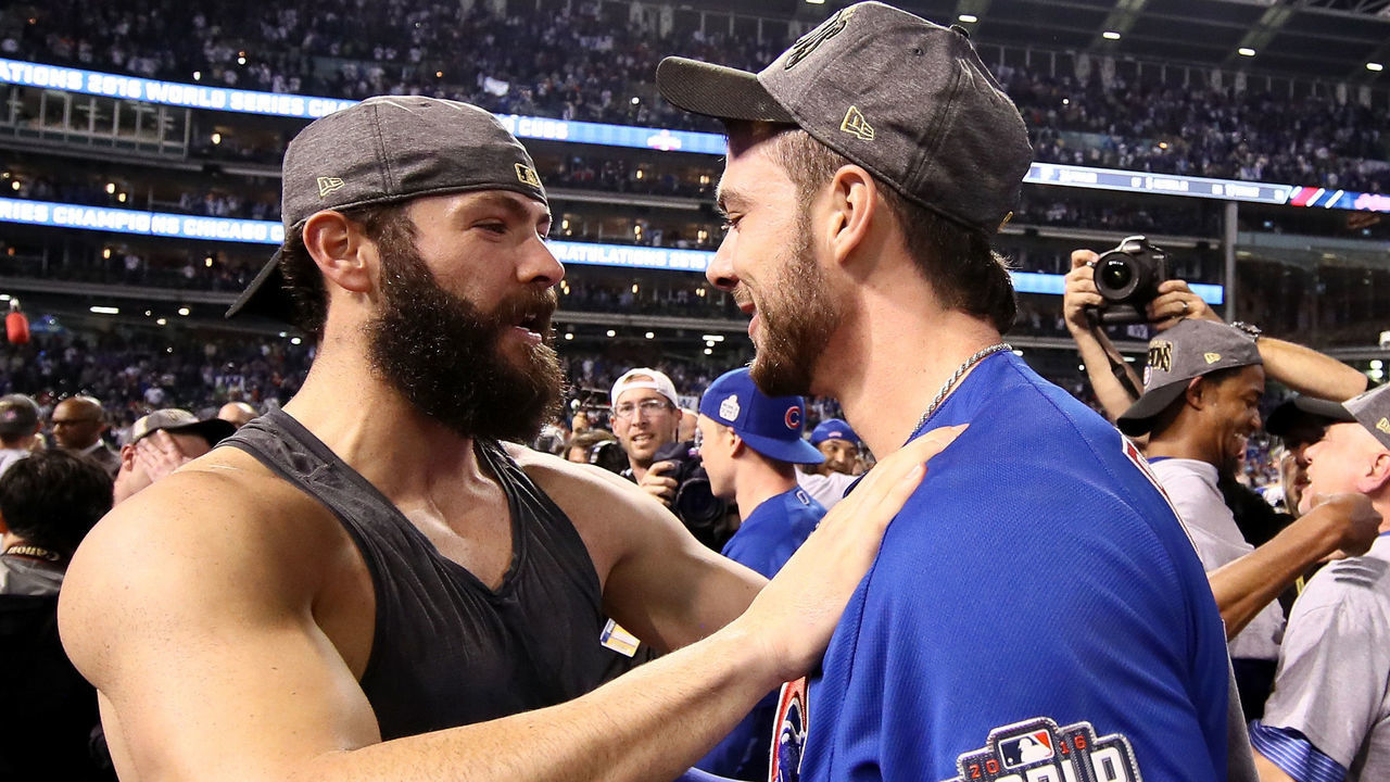 CLEVELAND, OH - NOVEMBER 02: Jake Arrieta #49 of the Chicago Cubs and Kris Bryant #17 celebrate after defeating the Cleveland Indians 8-7 in Game Seven of the 2016 World Series at Progressive Field on November 2, 2016 in Cleveland, Ohio. The Cubs win their first World Series in 108 years.