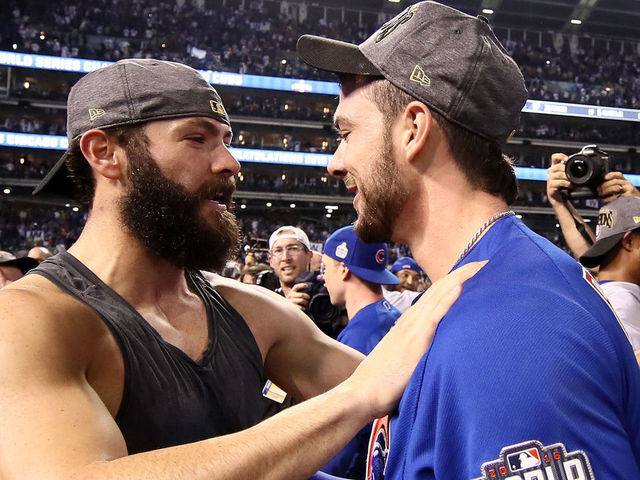 CLEVELAND, OH - NOVEMBER 02: Jake Arrieta #49 of the Chicago Cubs and Kris Bryant #17 celebrate after defeating the Cleveland Indians 8-7 in Game Seven of the 2016 World Series at Progressive Field on November 2, 2016 in Cleveland, Ohio. The Cubs win their first World Series in 108 years.