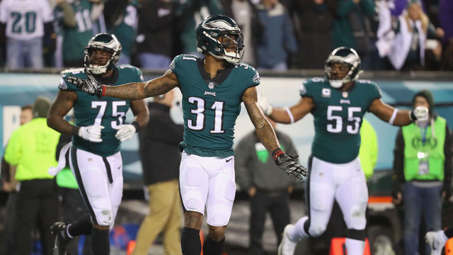 PHILADELPHIA, PA - JANUARY 21: Jalen Mills #31 of the Philadelphia Eagles celebrates a first quarter touchdown by teammate Patrick Robinson (not pictured) against the Minnesota Vikings in the NFC Championship game at Lincoln Financial Field on January 21, 2018 in Philadelphia, Pennsylvania.