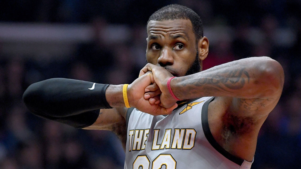 LOS ANGELES, CA - MARCH 09: LeBron James #23 of the Cleveland Cavaliers reacts to a Cavaliers foul during the first half against the LA Clippers at Staples Center on March 9, 2018 in Los Angeles, California.