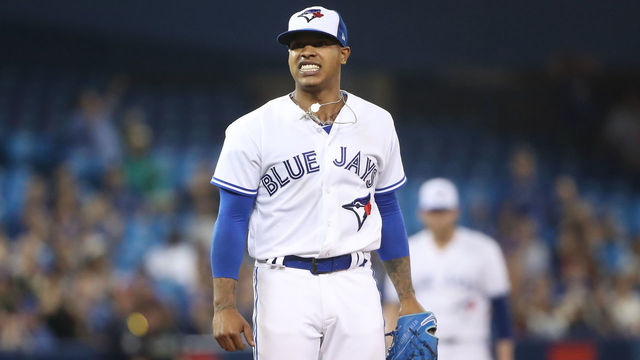 TORONTO, ON - SEPTEMBER 19: Marcus Stroman #6 of the Toronto Blue Jays reacts after the Blue Jays narrowly missed turning a double play in the seventh inning during MLB game action against the Kansas City Royals at Rogers Centre on September 19, 2017 in Toronto, Canada.