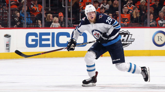PHILADELPHIA, PA - MARCH 10: Patrik Laine #29 of the Winnipeg Jets skates against the Philadelphia Flyers at the Wells Fargo Center on March 10, 2018 in Philadelphia, Pennsylvania.