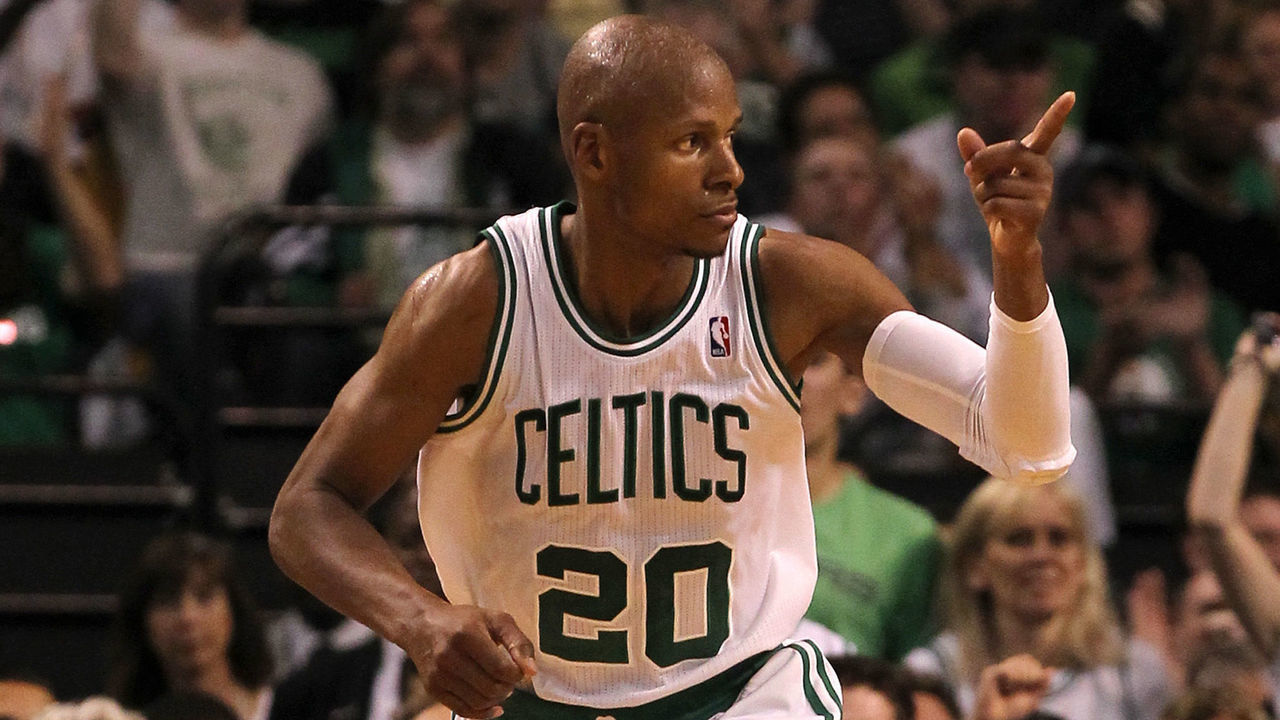 BOSTON, MA - JUNE 03: Ray Allen #20 of the Boston Celtics reacts after he made a basket against the Miami Heat in Game Four of the Eastern Conference Finals in the 2012 NBA Playoffs on June 3, 2012 at TD Garden in Boston, Massachusetts.