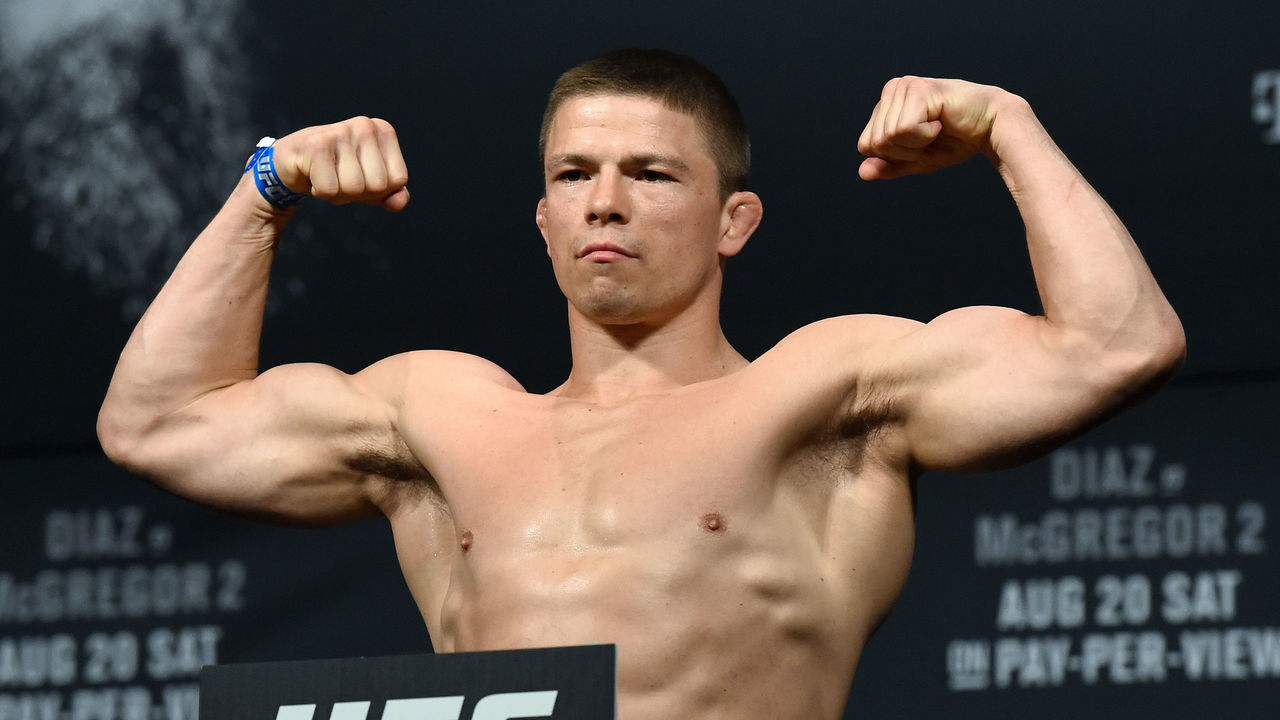 LAS VEGAS, NV - AUGUST 19: Mixed martial artist Rick Story poses on the scale during his weigh-in for UFC 202 at MGM Grand Conference Center on August 19, 2016 in Las Vegas, Nevada. Story will meet Donald Cerrone in a welterweight bout on August 20, 2016, at T-Mobile Arena in Las Vegas.