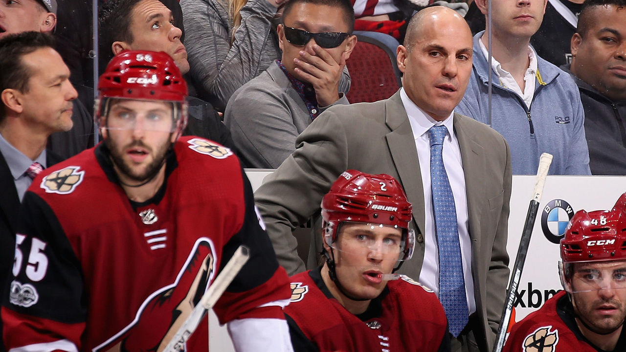 GLENDALE, AZ - NOVEMBER 24: Head coach Rick Tocchet of the Arizona Coyotes watches from the bench during NHL game against the Los Angeles Kings at Gila River Arena on November 24, 2017 in Glendale, Arizona. The Coyotes defeated the Kings 3-2 in overtime.