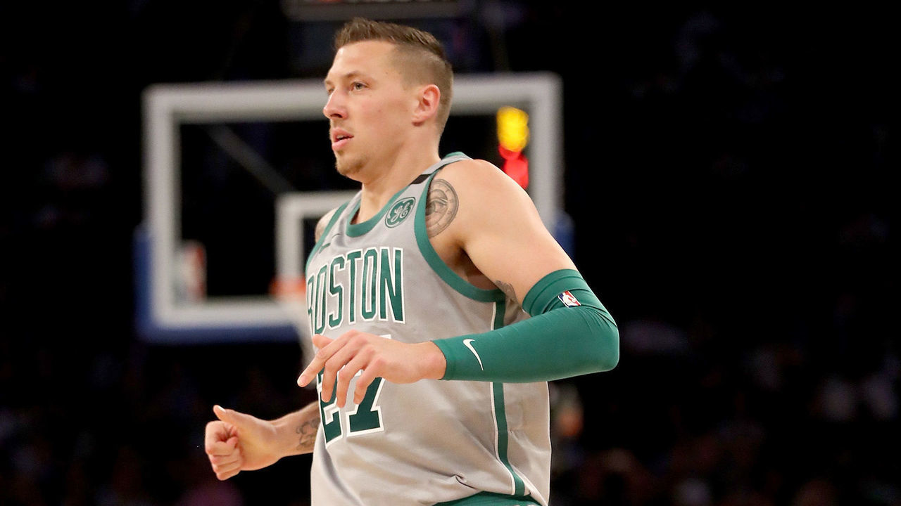 NEW YORK, NY - FEBRUARY 24: Daniel Theis #27 of the Boston Celtics watches his sho in the second half against the New York Knicks at Madison Square Garden on February 24,2018 in New York City.