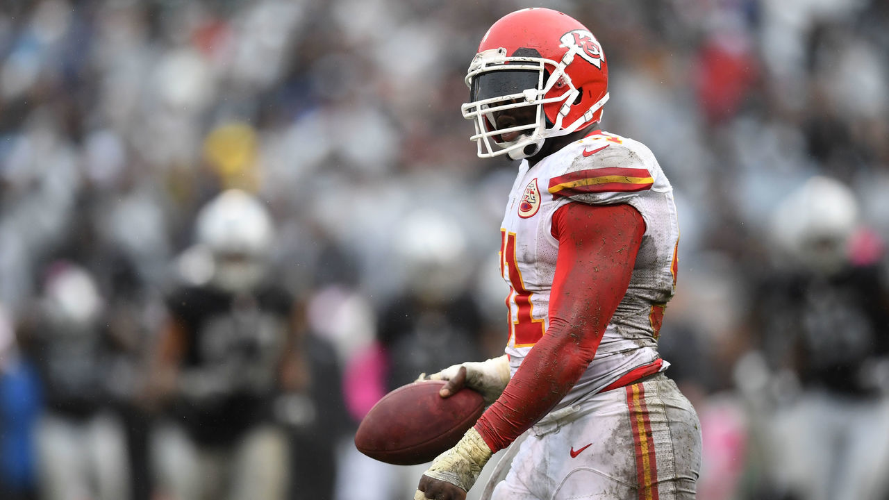 OAKLAND, CA - OCTOBER 16: Tamba Hali #91 of the Kansas City Chiefs reacts after recovering a fumble during their NFL game against the Oakland Raiders at Oakland-Alameda County Coliseum on October 16, 2016 in Oakland, California.