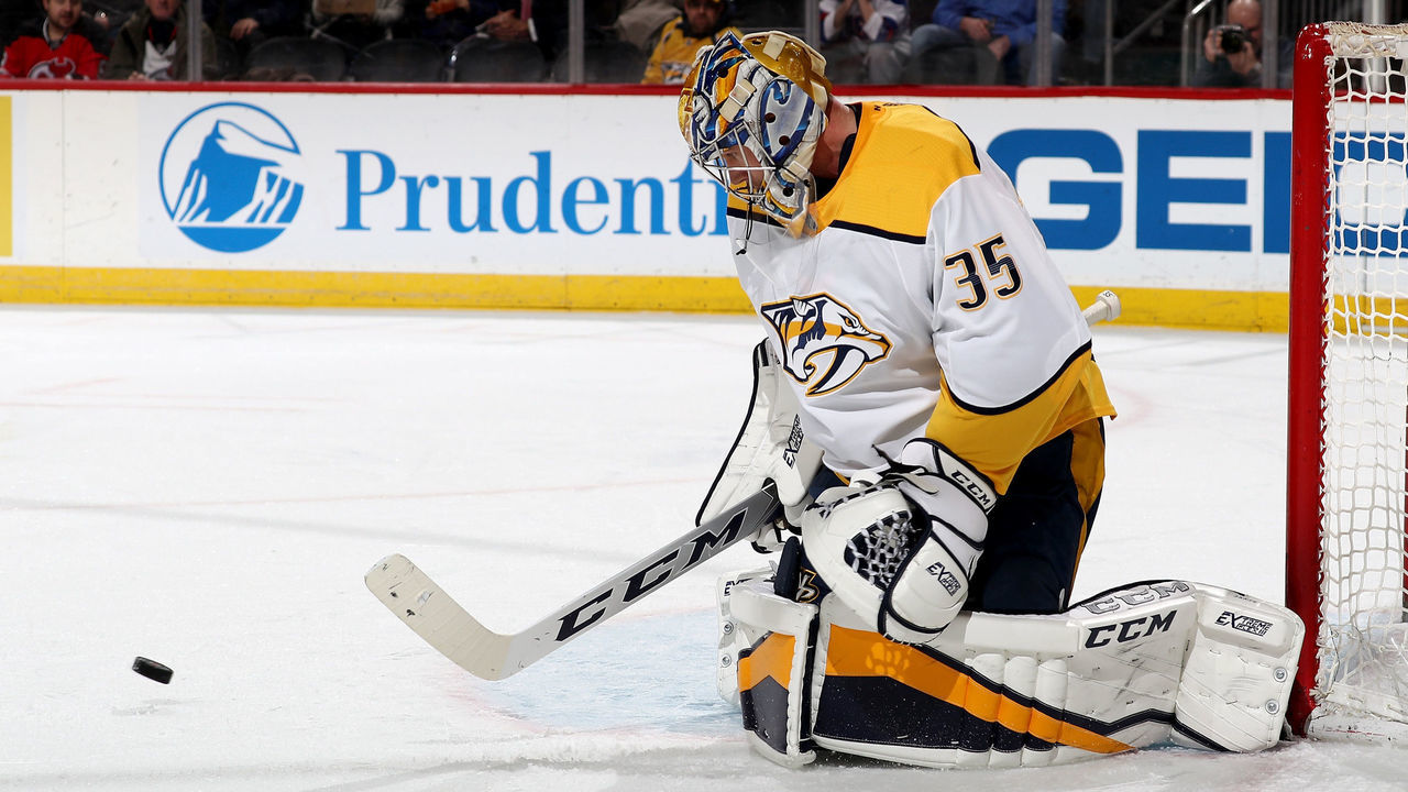 NEWARK, NJ - JANUARY 25: Pekka Rinne #35 of the Nashville Predators stops a shot in the second period against the New Jersey Devils on January 25, 2018 at Prudential Center in Newark, New Jersey.