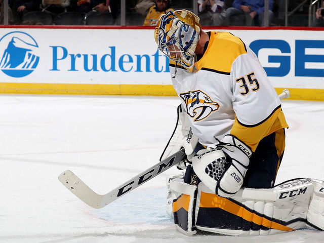 NEWARK, NJ - JANUARY 25: Pekka Rinne #35 of the Nashville Predators stops a shot in the second period against the New Jersey Devils on January 25, 2018 at Prudential Center in Newark, New Jersey.