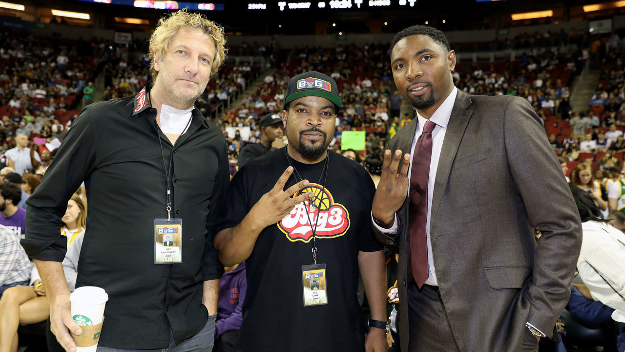 SEATTLE, WA - AUGUST 20: BIG3 co-founders Jeff Kwatinetz and Ice Cube and Commissioner Roger Mason Jr. pose for a photo while attending week nine of the BIG3 three-on-three basketball league at KeyArena on August 20, 2017 in Seattle, Washington.