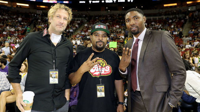 SEATTLE, WA - AUGUST 20: BIG3 co-founders Jeff Kwatinetz and Ice Cube and Commissioner Roger Mason Jr. pose for a photo while attending week nine of the BIG3 three-on-three basketball league at KeyArena on August 20, 2017 in Seattle, Washington.