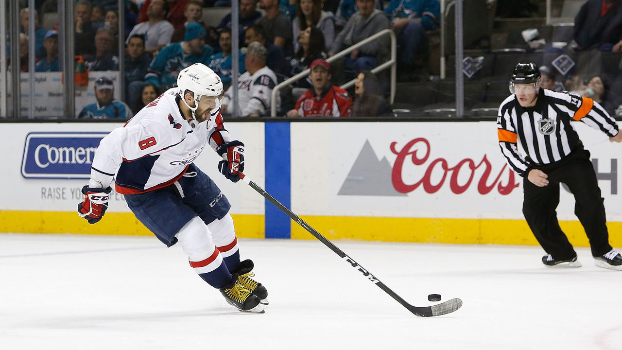 SAN JOSE, CA - MARCH 10: Alex Ovechkin #8 of the Washington Capitals skates towards goal against the San Jose Sharks in the third period at SAP Center on March 10, 2018 in San Jose, California.