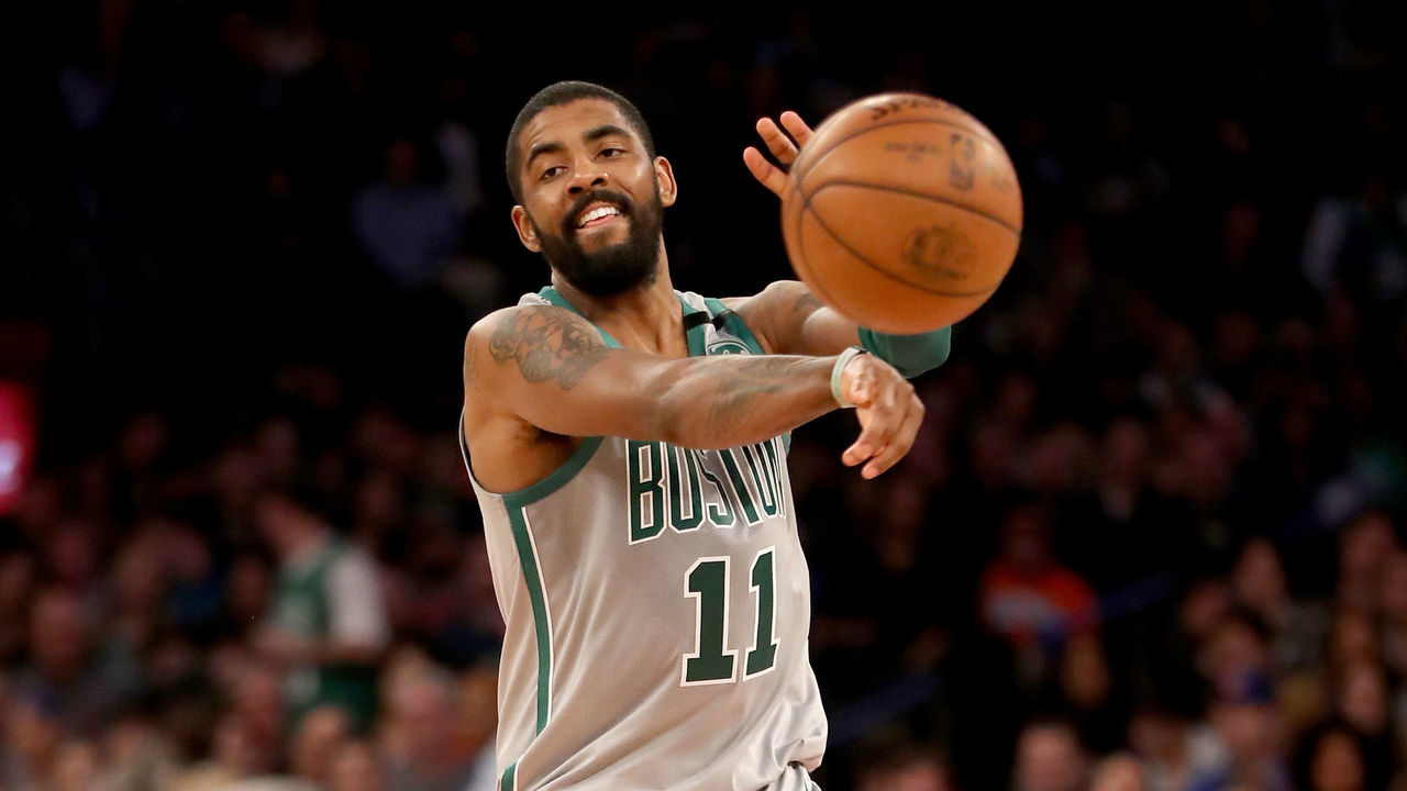 NEW YORK, NY - FEBRUARY 24: Kyrie Irving #11 of the Boston Celtics passes the ball in the second half against the New York Knicks at Madison Square Garden on February 24,2018 in New York City.