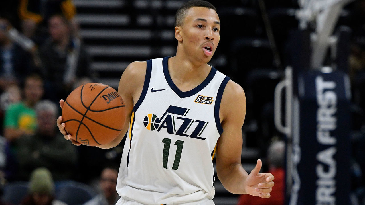 SALT LAKE CITY, UT - OCTOBER 2: Dante Exum #11 of the Utah Jazz brings the ball up court against the Sydney Kings at Vivint Smart Home Arena on October 2, 2017 in Salt Lake City, Utah.
