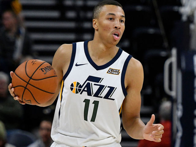 SALT LAKE CITY, UT - OCTOBER 2: Dante Exum #11 of the Utah Jazz brings the ball up court against the Sydney Kings at Vivint Smart Home Arena on October 2, 2017 in Salt Lake City, Utah.