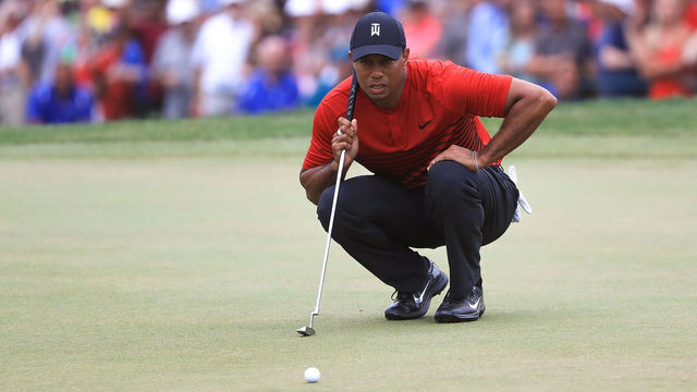 PALM HARBOR, FL - MARCH 11: Tiger Woods looks over a putt on the 18th green during the final round of the Valspar Championship at Innisbrook Resort Copperhead Course on March 11, 2018 in Palm Harbor, Florida.