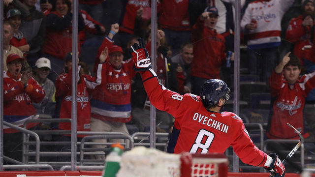 WASHINGTON, DC - MARCH 12: Alex Ovechkin #8 of the Washington Capitals celebrates after scoring his 600th career goal against the Winnipeg Jets during the second period at Capital One Arena on March 12, 2018 in Washington, DC.