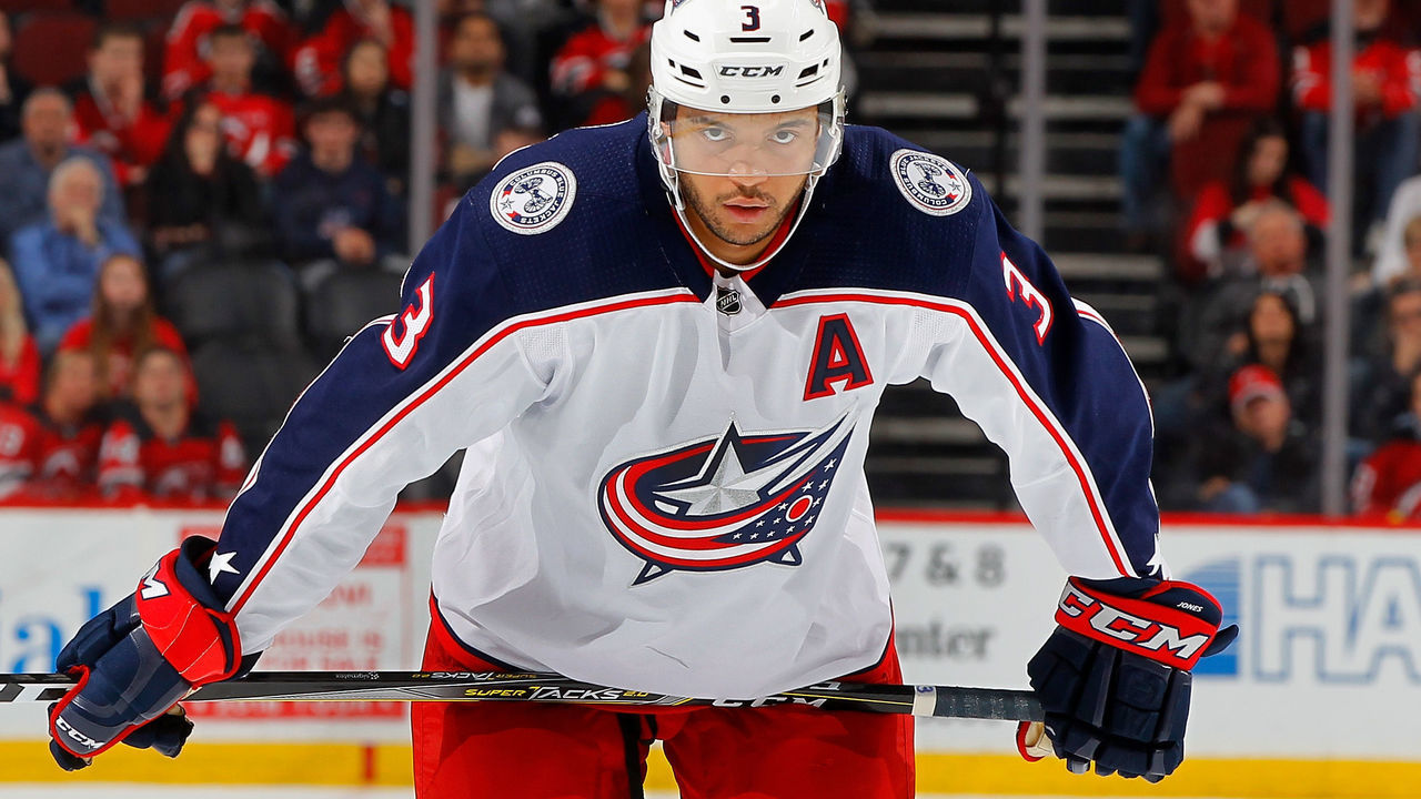 NEWARK, NJ - FEBRUARY 20: Seth Jones #3 of the Columbus Blue Jackets in action against the New Jersey Devils on February 20, 2018 at Prudential Center in Newark, New Jersey.