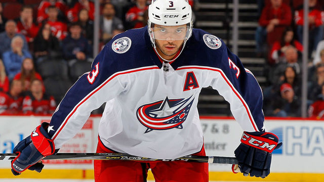 NEWARK, NJ - FEBRUARY 20: Seth Jones #3 of the Columbus Blue Jackets in action against the New Jersey Devils on February 20, 2018 at Prudential Center in Newark, New Jersey.