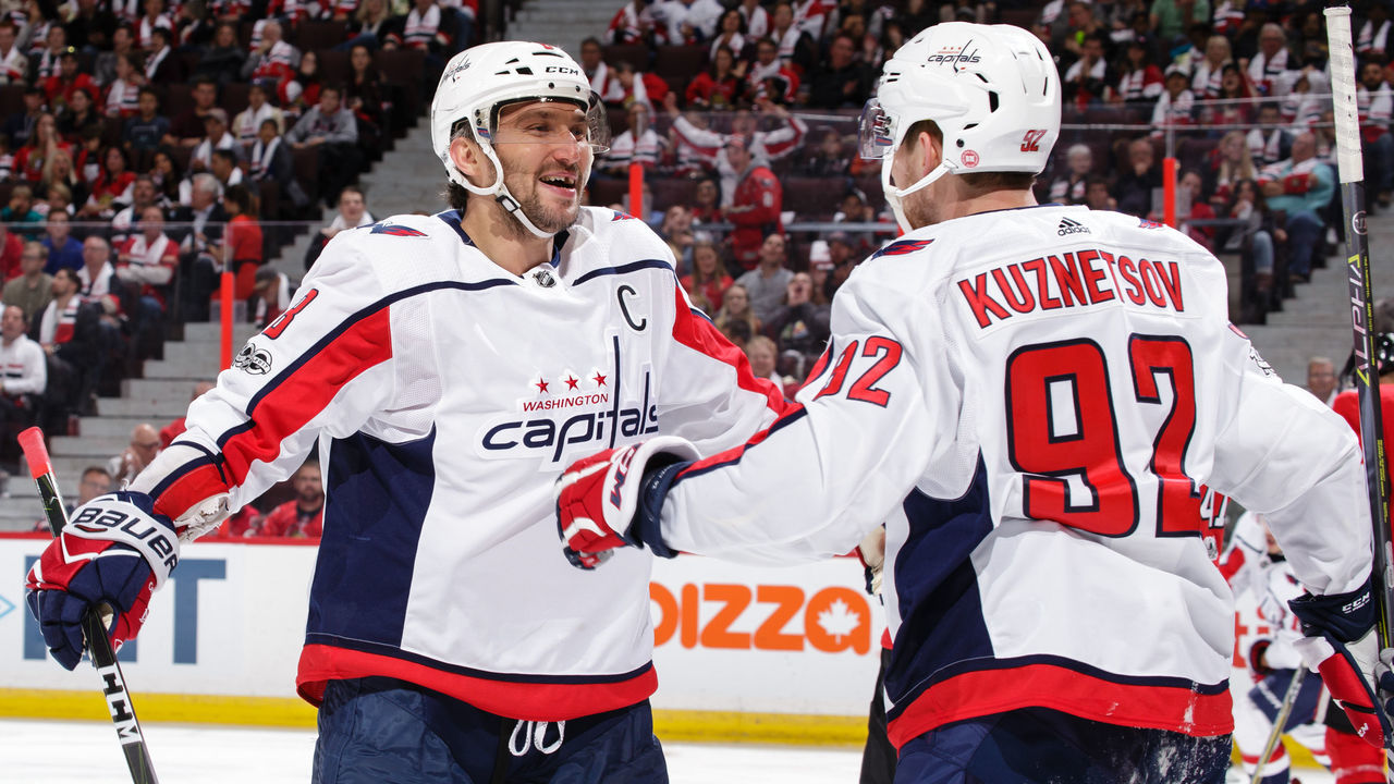 OTTAWA, ON - OCTOBER 5: Alex Ovechkin #8 of the Washington Capitals celebrates his third period goal and second of the game against the Ottawa Senators with teammate Evgeny Kuznetsov #92 at Canadian Tire Centre on October 5, 2017 in Ottawa, Ontario, Canada.