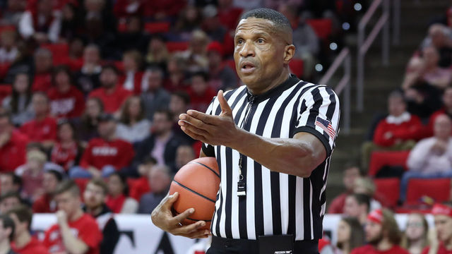 RALEIGH, NC - FEBRUARY 03: Referee Ted Valentine. The North Carolina State Wolfpack hosted the University of Notre Dame Fighting Irish on February 3, 2018 at PNC Arena in Raleigh, NC in a Division I men's college basketball game. NC State won the game 76-58.