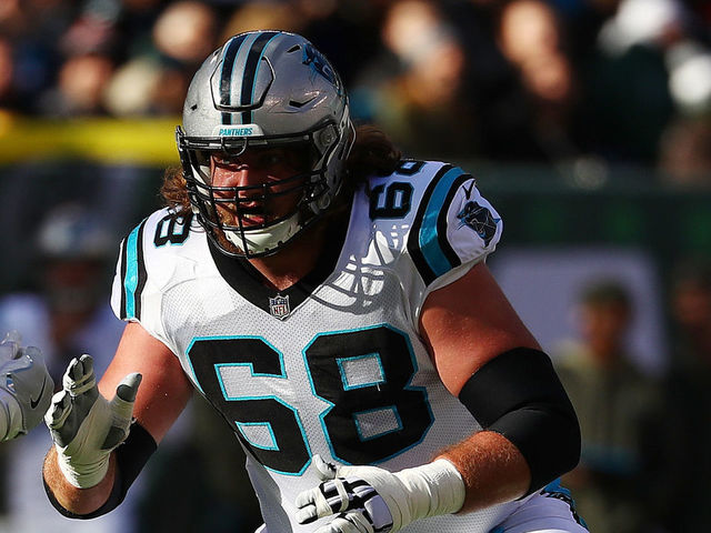 EAST RUTHERFORD, NJ - NOVEMBER 26: Andrew Norwell #68 of the Carolina Panthers in action against the New York Jets during their game at MetLife Stadium on November 26, 2017 in East Rutherford, New Jersey.