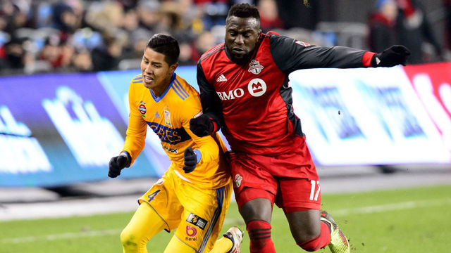 TORONTO, ON - MARCH 07: Jozy Altidore (17) of Toronto FC fouls Hugo Ayala (4) of Tigres UANL during the CONCACAF Champions League Quarter-final match between Toronto FC and Tigres UANL on March 7, 2018, at BMO Field in Toronto, ON, Canada. (Photograph by Julian Avram/Icon Sportswire via Getty Images)
