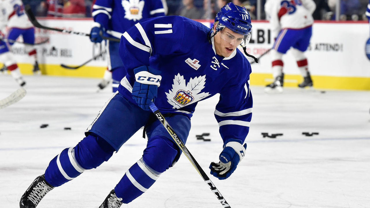 LAVAL, QC - NOVEMBER 01: Andreas Johnsson #11 of the Toronto Marlies skates the puck during the warmup prior to the AHL game against the Laval Rocket at Place Bell on November 1, 2017 in Laval, Quebec, Canada. The Toronto Marlies defeated the Laval Rocket 3-0.