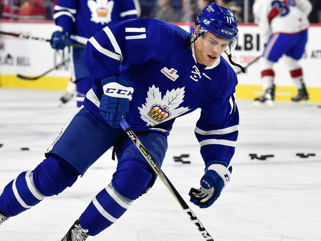 LAVAL, QC - NOVEMBER 01: Andreas Johnsson #11 of the Toronto Marlies skates the puck during the warmup prior to the AHL game against the Laval Rocket at Place Bell on November 1, 2017 in Laval, Quebec, Canada. The Toronto Marlies defeated the Laval Rocket 3-0.