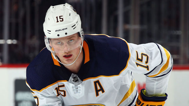 NEWARK, NJ - DECEMBER 29: Jack Eichel #15 of the Buffalo Sabres skates against the New Jersey Devils at the Prudential Center on December 29, 2017 in Newark, New Jersey. The Sabres defeated the Devils 4-3 in overtime.